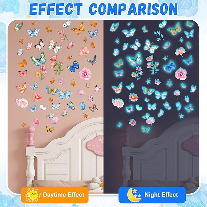 Glow in The Dark Butterfly Flower Wall Decals Glowing Luminous Butterflies Removable Self-Adhesive Wall Stickers for Girls Bedroom Nursery Living Room Decor 4 Sheets (Butterfly 3)-Ruum Studio Home