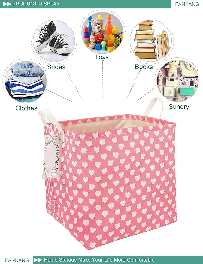 FANKANG Square Nursery Hamper Storage Bins Canvas Laundry Basket Foldable with Waterproof PE Coating Storage Baskets Gift Baskets for Children, Office, Bedroom, Clothes（Square-Pink Heart ）-Ruum Studio Home
