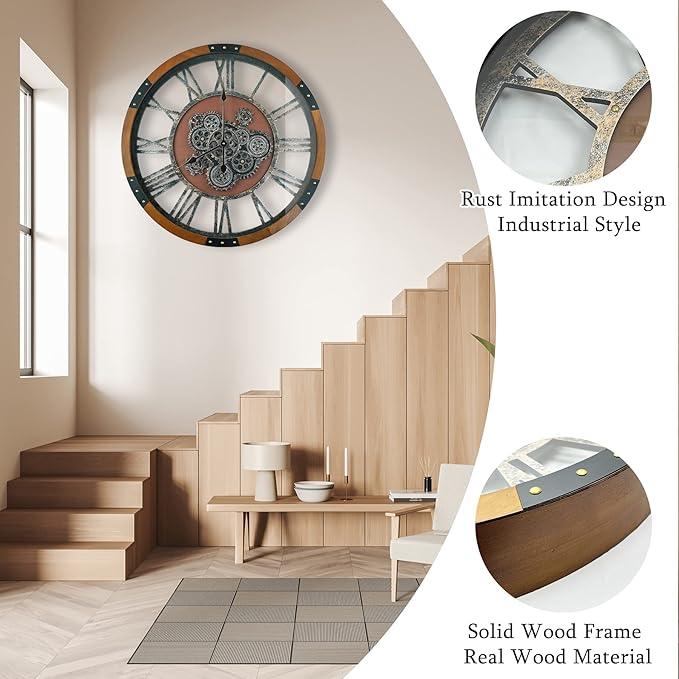 24 Inch Moving Gear Wall Clock, Oversized Wall Clocks, Clock Living Room Decor, Solid Wood Frame, Battery Operated, Large Wall Clock with Steampunk Industrial for Fireplace(Machilus)-Ruum Studio Home