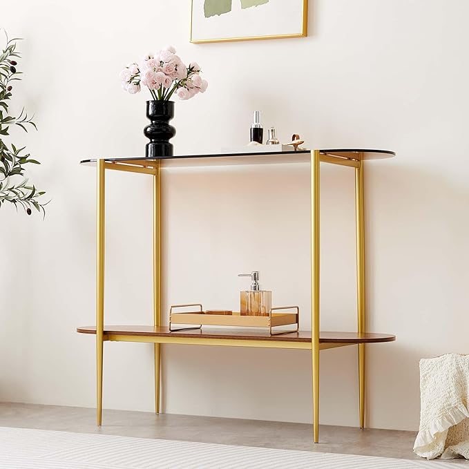 Oval Glass Console Table for Living Room, Foyer & Entrance, 2-Tiers Mid-Century Modern Sofa Table with Amber Glass Top, Walnut Finish Wood Top and Gold Finish Metal Frame-Ruum Studio Home