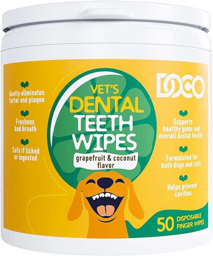 DOCO Dog Teeth Cleaning Wipes Dental Finger Wipes for Cats & Dogs Remove Plaque & Tartar, Freshen Breath, No Rinse, Easy Pet Tooth Cleaning Kit for Oral Care, Coconut & Grapefruit Flavor, 50 Count-Ruum Studio Home