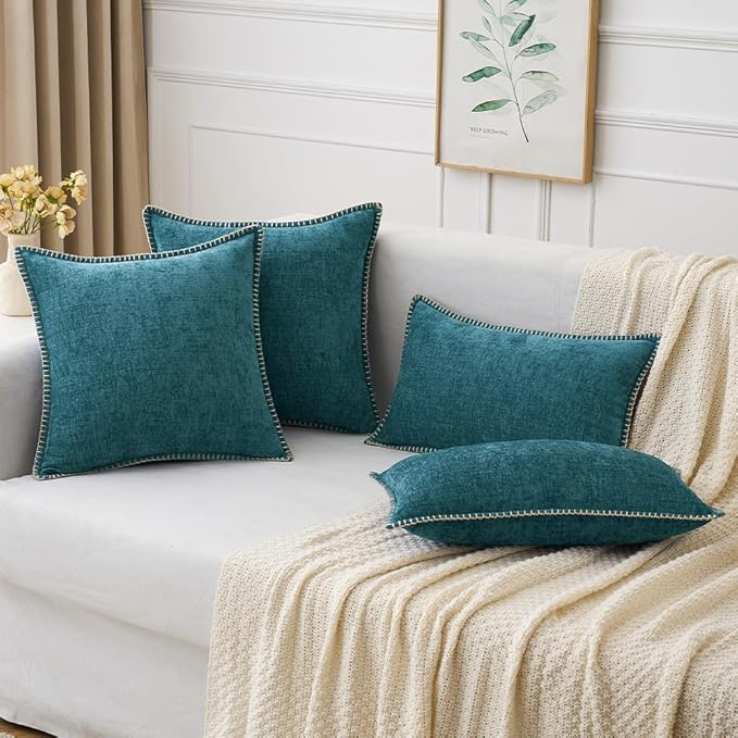 MIULEE Pack of 2 Couch Throw Pillow Covers 18x18 Inch Coastal Dark Teal Farmhouse Decorative Pillow Covers with Stitched Edge Soft Chenille Solid Dyed Spring Pillow Covers for Sofa Bed Living Room-Ruum Studio Home