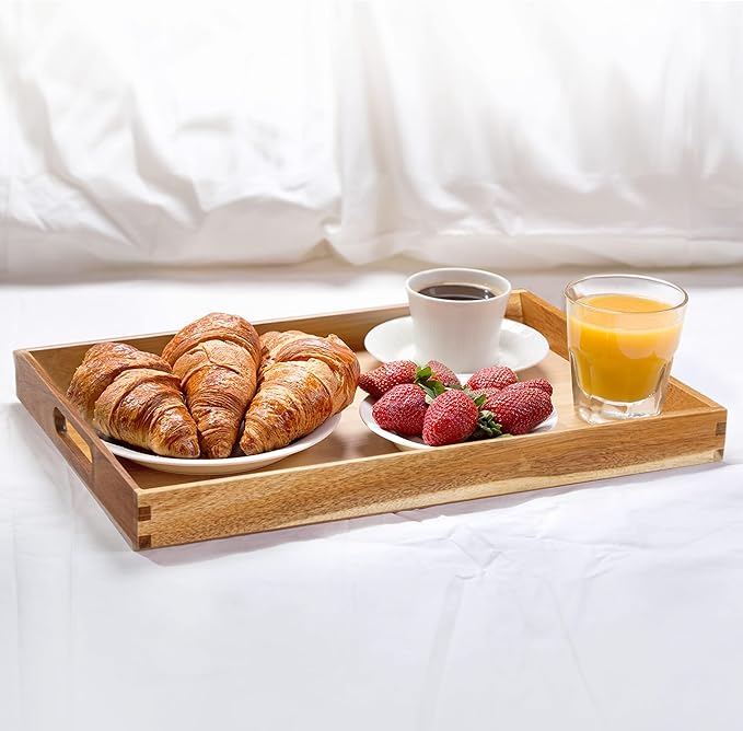Acacia Wood Serving Tray with Handles - 17-Inch Decorative Wooden Tray - Perfect for Breakfast, Lunch, Dinner, Appetizers, Patio, Ottoman, Coffee Table - Durable Living Room and Couch Tray-Ruum Studio Home