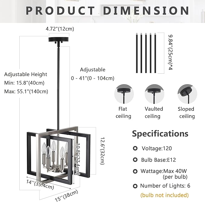 ANKYLHUA Black Nickel Chandelier,6-Lights Ceiling Light Fixture E12,Adjustable Hight Pendant Lights Kitchen Island,Chandeliers for Dining Room Bedroom,Entryway,Foyer-Ruum Studio Home