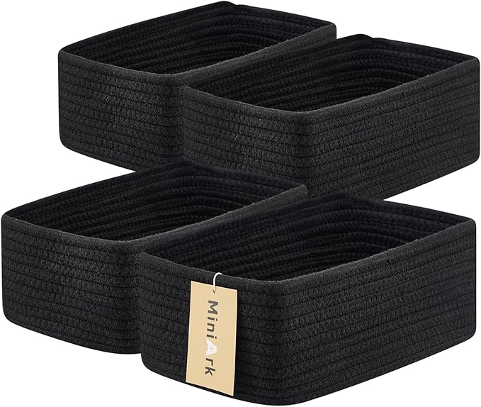 Small Storage Baskets for Organizing | Closet Organizer Bins | Shelf Toy Basket | Woven Rope Baskets | Cube Decorative Box | Shallow Basket | 11.5x7.5x4.7” | 4 Packs Black-Ruum Studio Home