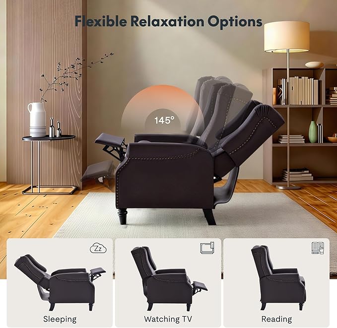 Softa Recliner Chair for Adults, Mid Century Wingback Pushback Accent Chair with Rivet Decoration, Tufted Upholstered Single Sofa Armchair for Living Room, Bedroom, Study (PU, Brown)-Ruum Studio Home