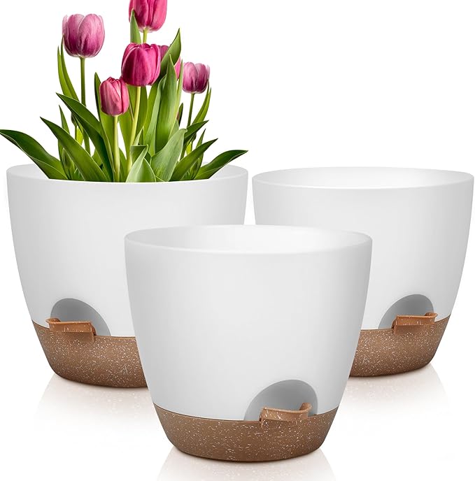 Plant Pots 12/10/9 Inch Self Watering Pots, Set of 3 Plastic Planters with Drainage Holes and Saucers,Plastic Flower Pots,Nursery Planting Pot for Indoor Out Door Plants(White)-Ruum Studio Home