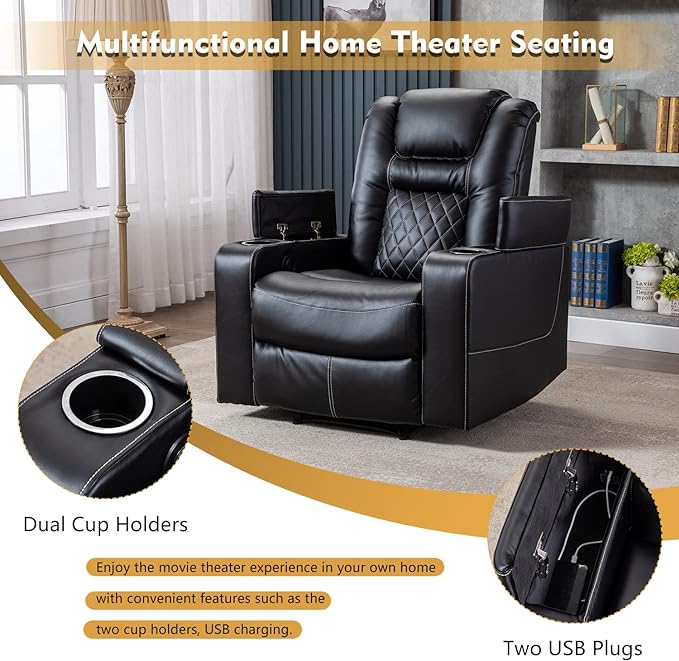 CANMOV Electric Power Recliner Chair with USB Ports and Cup Holders, Breathable Leather Home Theater Seating with Hidden Arm Storage (Black)-Ruum Studio Home
