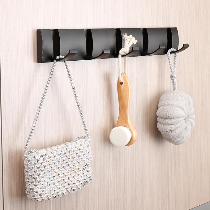 Folding Coat Hooks, Wall Mounted Coat Rack with 5 Retractable Hooks, Heavy Duty Towel Rack for Bathroom Wall Hook for Hanging Clothes Bathrobe, Stainless Steel Coat Hanger for Entryway(Black)-Ruum Studio Home