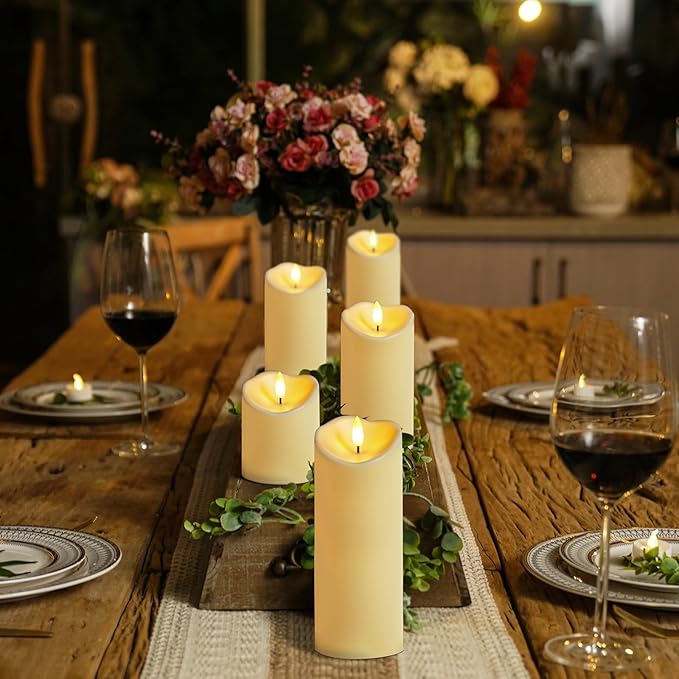 Homemory Outdoor Waterproof Flameless Candles, LED Candles, Battery Operated Candles with Remote and Timers, Electric Fake Plastic Pillar Candles, Dark Ivory, D3 H4 5" 6" 8" 8", Set of 5-Ruum Studio Home