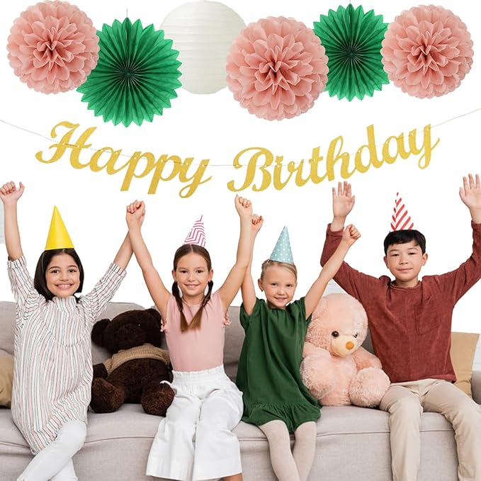 Sage-Green Pink Birthday Party-Decorations Paper-Flowers - 14pcs Happy Banner Spring Lanterns Tissue Pom Poms,Boho Streamers Garland Fans,Neutral Rustic Garden Office Hanging Supplies Decor Hugfond-Ruum Studio Home