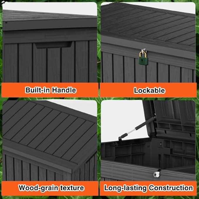 180 Gallon Lockable Resin Deck Box, Waterproof & UV-Resistant Outdoor Storage Box for Outdoor Cushion Storage, Garden Tools & Pool Accessories Storage, Black-Ruum Studio Home