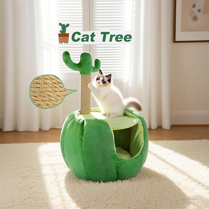Cat Houses for Indoor Cats, Small Cat Tree with Sisal Ropes and Plush Perch, Cute Cat Bed Cave with Soft Pillow, Cactus Design-Ruum Studio Home