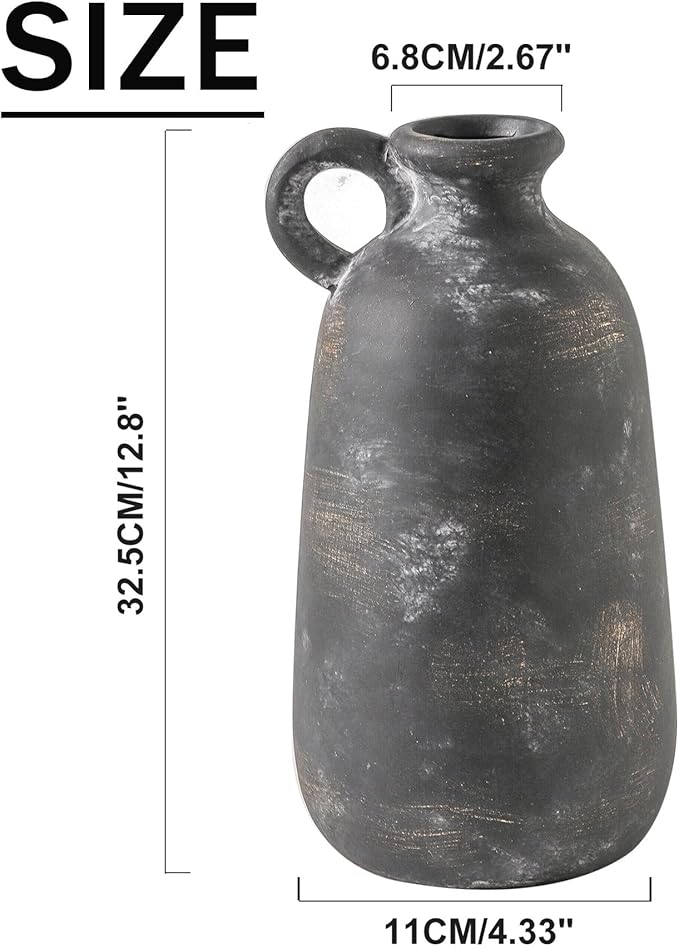 Ceramic Rustic Farmhouse Vase, 12.8" Large Rustic Black Pottery Vases Home Decor Decorative Boho Pampas Vase for Home Decor Table Living Room Decoration Shelf Mantel Enryway Kitchen-Ruum Studio Home