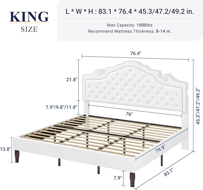 Allewie King Bed Frame with Adjustable Velvet Tiara Headboard, Upholstered Diamond Button Tufted Platform Bed, Wood Slats Support, No Box Spring Needed, Mattress Foundation, Easy Assembly, White-Ruum Studio Home