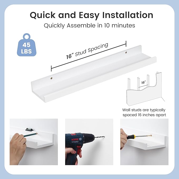 Picture Ledge Shelf for Wall, 24 inches Solid Pine Wood Nursery Book Shelves 3 Packs, Floating Ledge Shelves for Kids' Room Bedroom Bathroom Living Room Photo Frames Office Nursey Wall Decor, White-Ruum Studio Home