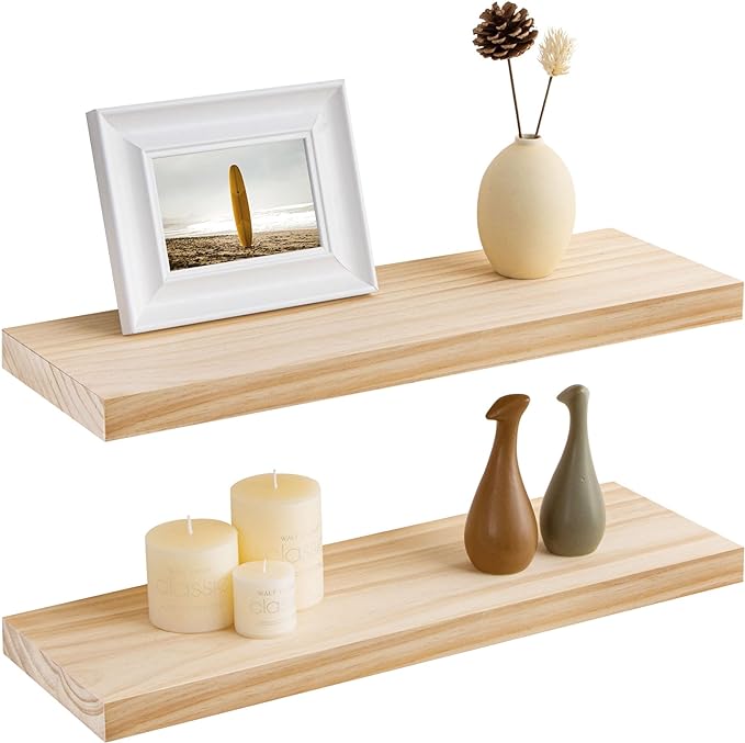 Fun Memories Farmhouse Floating Shelves - 8 Inch Deep Rustic Wood Wall Shelf - Premium Solid Pine Wood Storage Shelf for Kitchen Living Room Bedroom - 24" W x 8" D - Set of 2 - No Stain - Unfinished-Ruum Studio Home