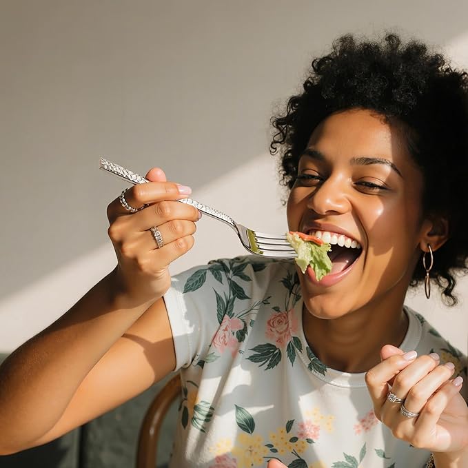 KINGSTONE 40 Piece Hammered Silverware Set, 18/10 Stainless Steel Flatware Set for 8, Cutlery Set for Home, Party, Wedding, Mirror Polished Dishwasher Safe-Ruum Studio Home