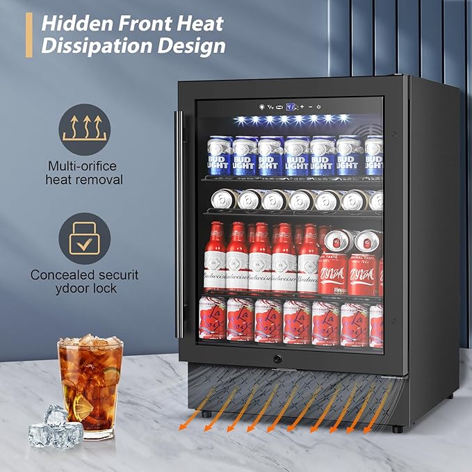 Tylza Beverage Refrigerator 24 Inch, Under Counter/Freestanding Drink Fridge, 190 Cans Beverage Cooler with Glass Door, Reversible Door, Low Noise, Quick Cooling - for Beer, Soda, ETC, Black-Ruum Studio Home