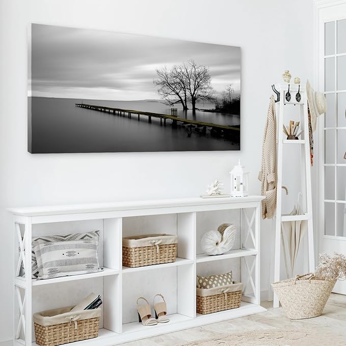 DZL Art S74998 Gray Canvas Prints Modern Minimalist Black and White Lake Trees Landscape Wall Art Painting for Living Room Bedroom Decor Office Wall Decor Home Decoration-Ruum Studio Home