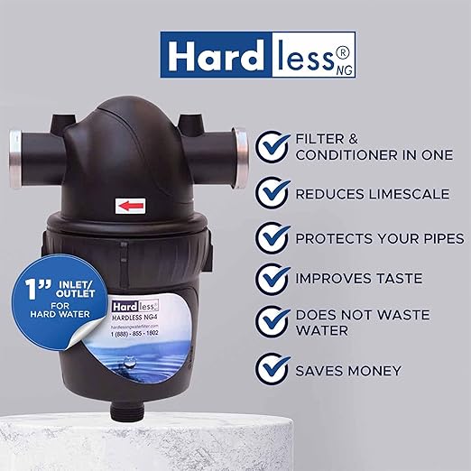 Hardless NG4 Whole House Water Filter - Salt-Free Softening Device - Reduces Limescale, Sediment & More - Compact, Easy to Install - Comes w/ 1" Inlet/Outlet- Filtration System for Extra Hard Water-Ruum Studio Home