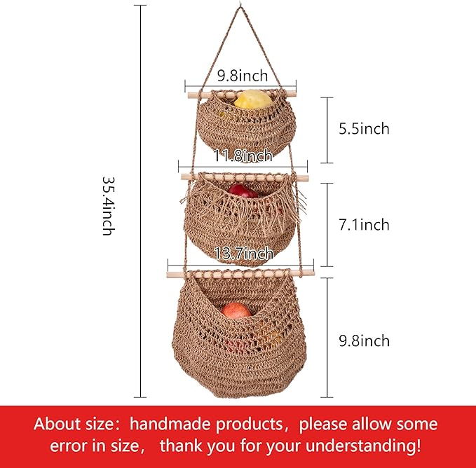 Hanging Fruit Baskets for Kitchen 3-Tier Handmade Bohemian Wall Baskets for Organizing & Decorating Living Room Bedroom Wall Hanging Basket for Onion Storage & Fruit Storage-Ruum Studio Home