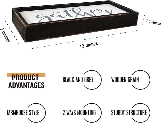 Gather Sign for Home Decor in Grey - Farmhouse Kitchen Dining Room Wall Decor - Rustic Wall Decoration Solid Wood Thick Black Frame 12x5 Inches-Ruum Studio Home