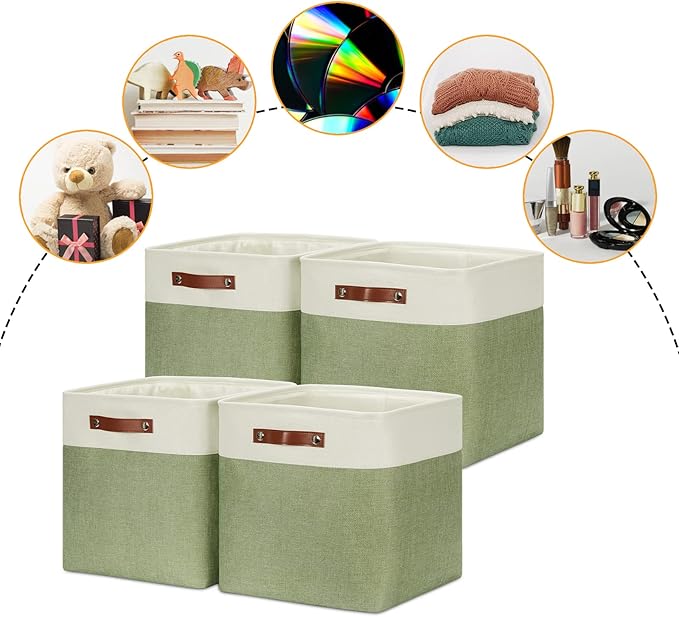 DULLEMELO Storage Baskets for Organizing, Linen Closet Organizers and Storage Baskets for Dog Toy Box, 13 Inch Decorative Cube Storage Bins with handle for Baby Gift Basket(4 Pack - 13" White&Green)-Ruum Studio Home