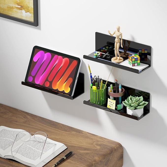 Acrylic Floating Shelves for Wall No Drilling, Self Adhesive Space-Saving Shelves, 12 Inch Floating Shelf Stick on Wall Shelf, for Bathroom, Kitchen, Bedroom, Office, Gaming Room, Black-Ruum Studio Home