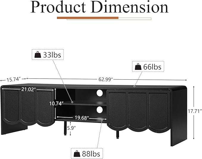 ORRD 63'' TV Stand, Modern TV Console Table Wave Panel Television Stands Entertainment Media Center with Storage Compartment and Sliding Door for Living Room (Black)-Ruum Studio Home