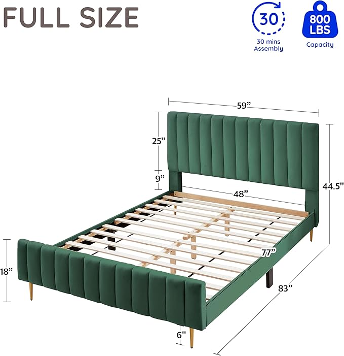 Livinia Full Size Elton Velvet Platform Bed, Upholstered Bed Frame with Vertical Channel Tufted Headboard Footboard, Strong Wood Slats, No Box Spring Needed, Green (Full)-Ruum Studio Home