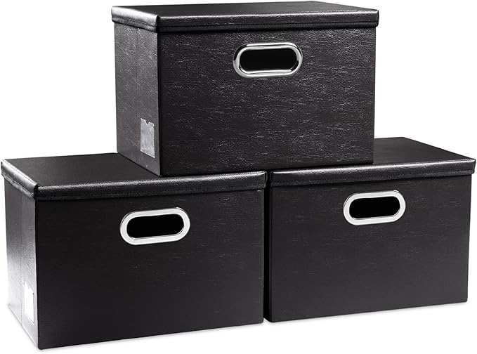 PRANDOM Collapsible Storage Bins with Lids [3-Pack] Leather Fabric Foldable Storage Boxes Organizer Containers Baskets Cube with Cover for Bedroom Closet Office Nursery Black (14.9x10.8x10)-Ruum Studio Home