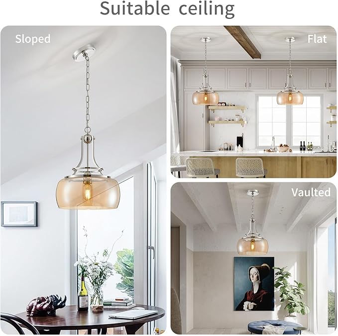 WUZUPS Nickel Chandelier Rustic Farmhouse Industrial Round Ceiling Pendant LED Light Fixture with Amber Glass Shade for Dining Room Kitchen Island Foyer Entryway, H 17" W 13.4", E26 Base-Ruum Studio Home