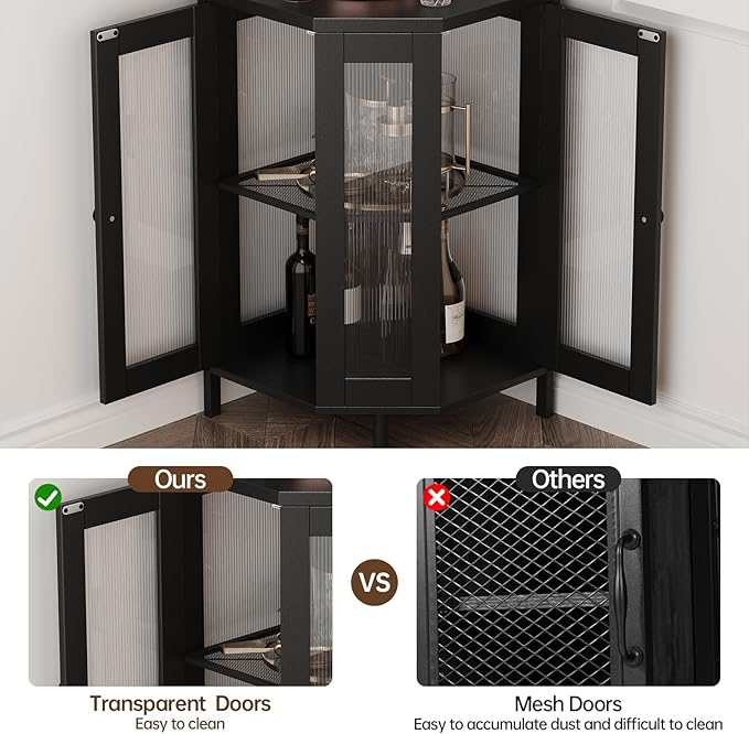 Corner Bar Cabinet with Power Outlet, 5-Tier Corner Wine Cabinet with Led Strip and Glass Holder, Industrial Tall Liquor Cabinet Bar Wine Rack for Home，Black-Ruum Studio Home