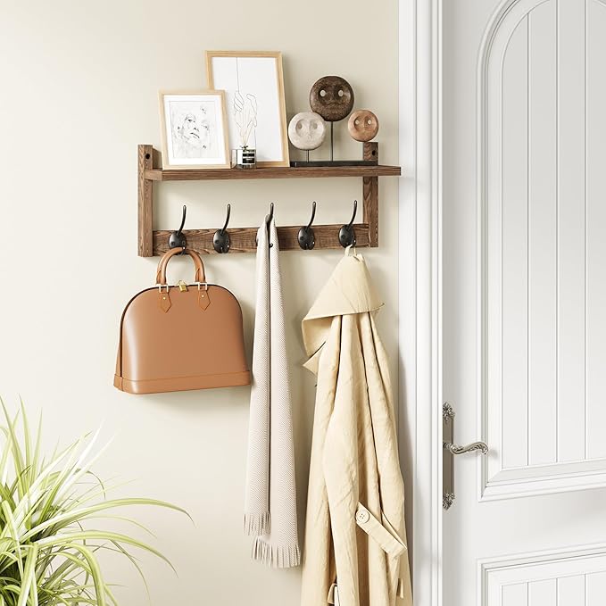 AMBIRD Wall Hooks with Shelf - Wooden Entryway Organizer with 5 Dual Hooks, Retro Wall-Mounted Coat Hook Rack for Bathroom, Living Room, Bedroom (17.12 Inch)-Ruum Studio Home