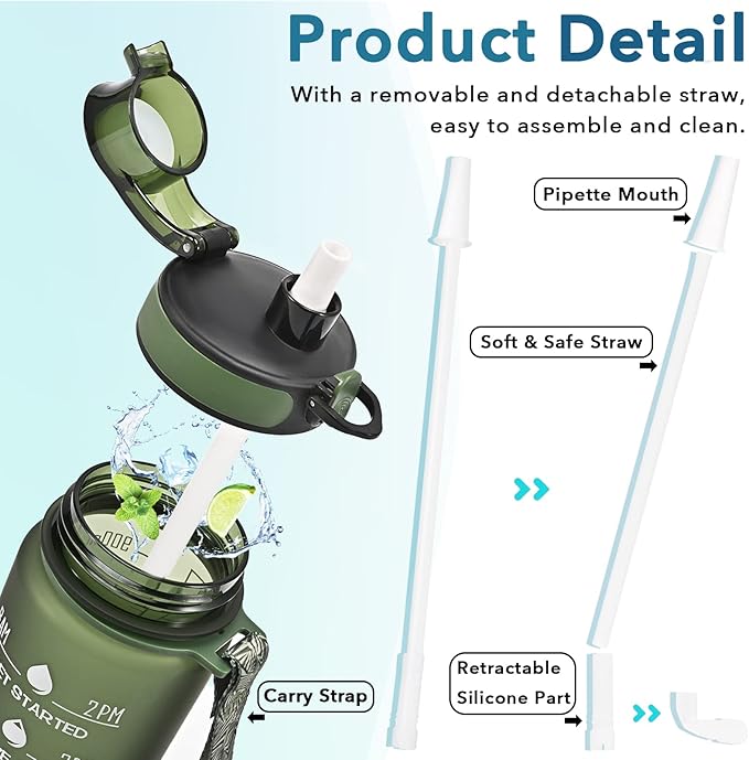 Enerbone Water Bottle, Leakproof BPA & Toxic Free, Motivational Water Bottle with Times to Drink and Straw, Fitness Sports Water Bottle with Strap for Office, Gym, Outdoor Sports-Ruum Studio Home