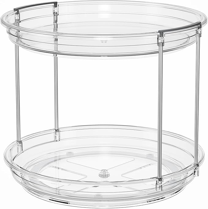 LAMU 10.6in Rotating Makeup Organizer for Vanity, 2 Tier Lazy Susan Turntable Stackable Spinning Skincare Organizer Cosmetic Perfume Tray for Bathroom Counter, Large Capacity, Clear-Ruum Studio Home