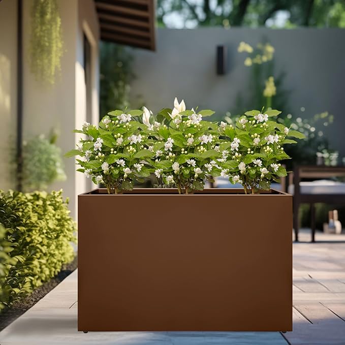 Galvanized Steel Planter Box-No Installation Required Metal Rectangular Block Long Box Planter Modern Outdoor Planters All-Weather Use with Drainage Holes for Patio/Porch, 36×24×12IN（Brown）-Ruum Studio Home