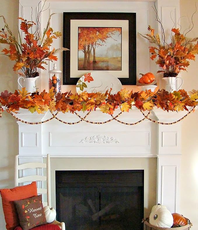 DearHouse 2 Pack Fall Maple Leaf Hanging Vine Garland Artificial Autumn Foliage Thanksgiving Decor for Home Wedding Fireplace Party Christmas (Light Yellow)-Ruum Studio Home