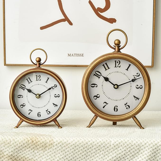 EMAX Home Vintage Small Table Clock on Stand,Desk and Shelf Clock Decorative Farmhouse Mantel Non-Ticking Clock Rustic Metal Frame with Antique Gold Finish 9.3 Inch…-Ruum Studio Home