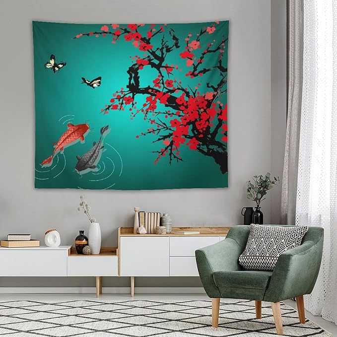 Houselerax Japanese Koi Fish Tapestry, Cherry Blossoms Asian Oriental Green Teal Floral Branch Koi Fish Carp Tapestries Wall Hanging for Bedroom Living Room Office Decor 60"x50"-Ruum Studio Home