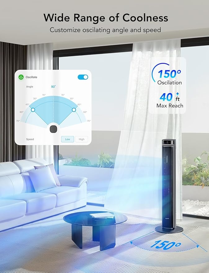 GoveeLife 42'' Tower Fan for Bedroom, Smart Floor Fans with 150° Adjustable Oscillating, APP & Voice Control, 5 Modes 12 Speeds up to 26ft/s, 24H Timer, 27dB Quiet Fan for Cooling Home Office Silver-Ruum Studio Home