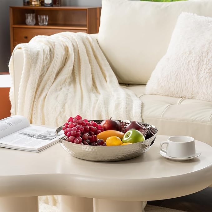 MyGift 14 Inch Deluxe Decorative Dish Tray Centerpiece Base, Silver Tone Plated Hammered Aluminum Fruit Bowl Serving Platter with Cutout Handles - Handcrafted in India-Ruum Studio Home