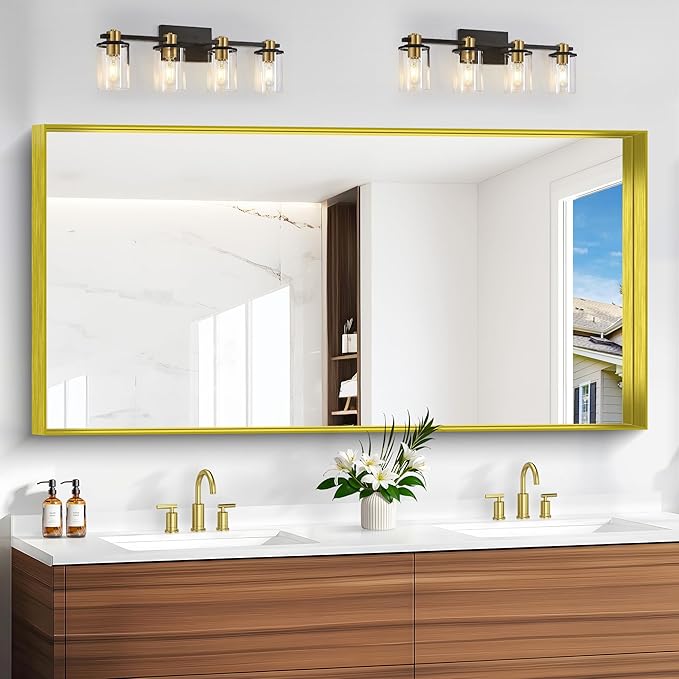 Gold Bathroom Mirror, 30x60 Inch Rectangular Deep Frame Mirror, Large Wall Mounted Bathroom Vanity Mirror Over Sink for Bedroom,Restroom, Living Room, Hangs Vertically or Horizontally-Ruum Studio Home