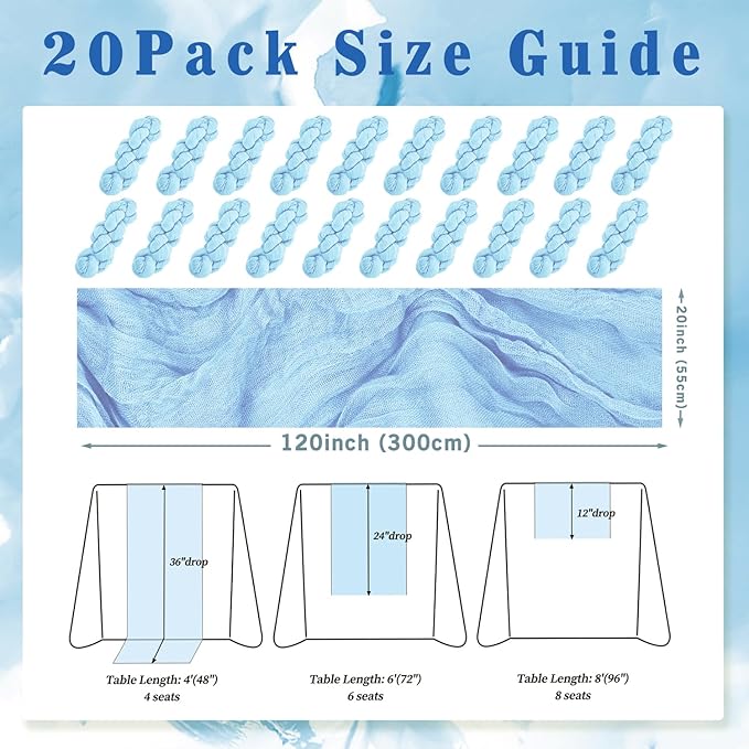 20 Pack Baby Blue Cheesecloth Table Runner 20 x 120 Inch Long Rustic Gauze Cheese Cloth Table Runner for Wedding 10FT Bridal Baby Shower Table Decorations Boho Fabric Sheer Birthday Party Table Decor-Ruum Studio Home