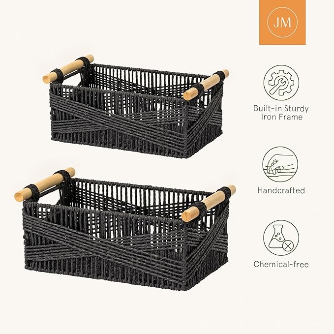 LA JOLIE MUSE Wicker Storage Baskets for Organizing, Recyclable Paper Rope Basket with Wood Handles, Decorative Hand Woven Basket Organizers for Makeup Books Shelves Living Room, Black, Set of 2-Ruum Studio Home