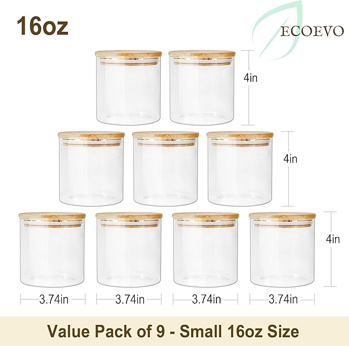 Glass Jars with Bamboo Lids (16oz in 9 Pack), Food Jars and Canisters Sets with lids, Food Storage Jars with Airtight Lids, Glass Pantry Jars-Ruum Studio Home