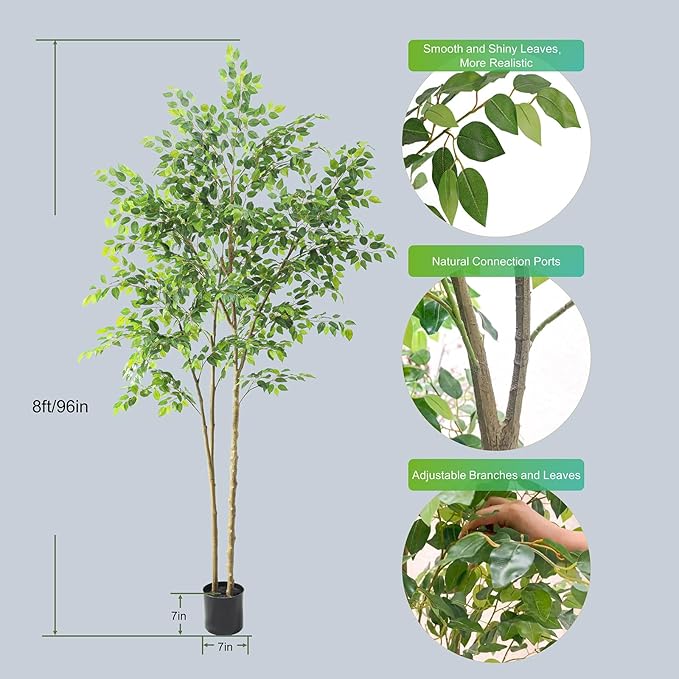 Tall UV Resistant Ficus Tree Artificial，8ft(96in) Realistic Texture Potted Faux Ficus Tree， Fake Trees Indoor Outdoor for Home Office Living Room Bedroom Foyer Porch Decor.-Ruum Studio Home