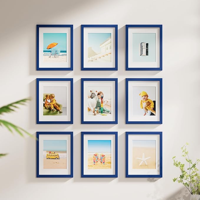 Vittanly 8x10 Picture Frame Set of 9 - Display 5x7 Photos with Mat or 8x10 Without Mat, Wall Mount & Tabletop Frames for Home Decor, Horizontal or Vertical (Blue)-Ruum Studio Home