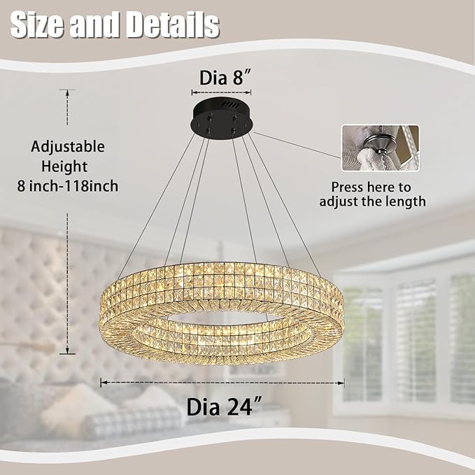 Dia 24" Modern Crystal Chandelier Black Ring Chandelier Adjustable Height Luxury Crystal Pendant Ceiling Light Fixture for Dining Living Room Bedroom-Ruum Studio Home